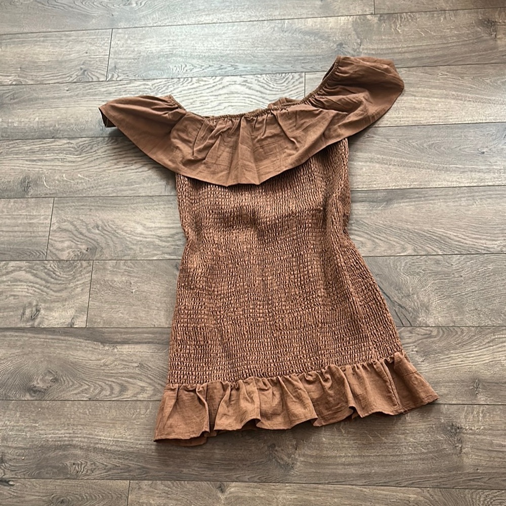 Anthropologie Brown Off-Shoulder Mini Sundress